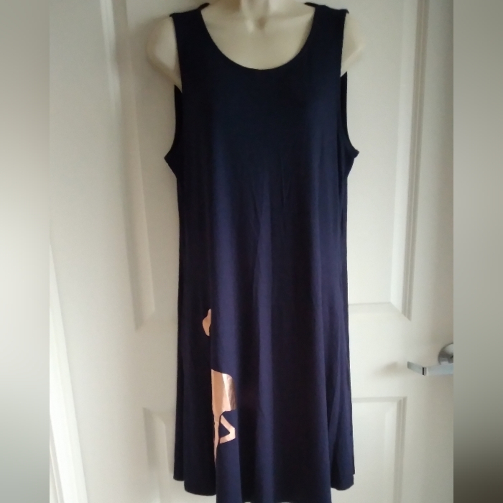 CUPIO Sleeveless Gold Flamingo Print Knit Dress with 2 Side Pockets, Navy